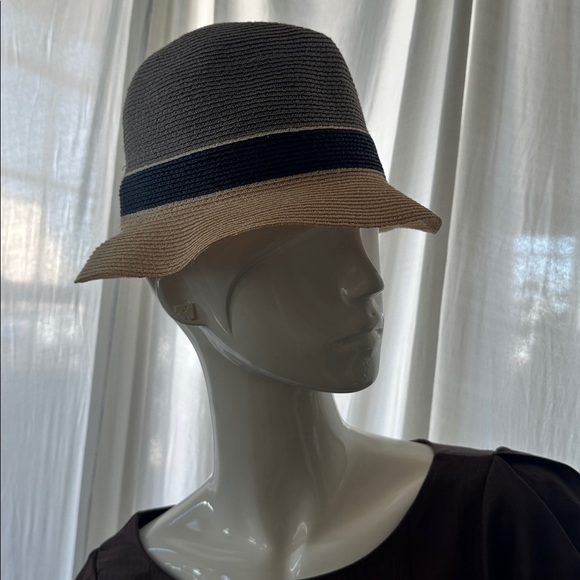 Vintage straw hat color block Hay color Navy Gray Inside adjust ribbon As Is - Picture 7 of 7